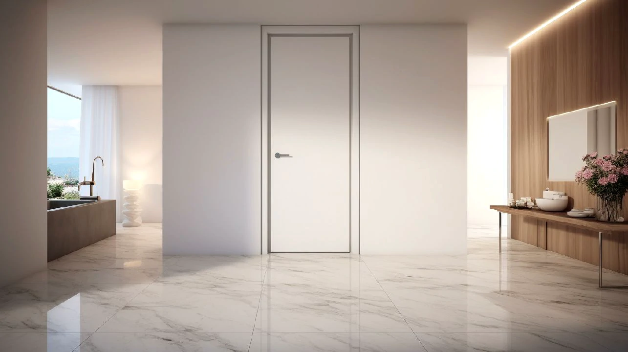 Porta interior branca de acabamento lacado, combinando elegância com um estilo contemporâneo.