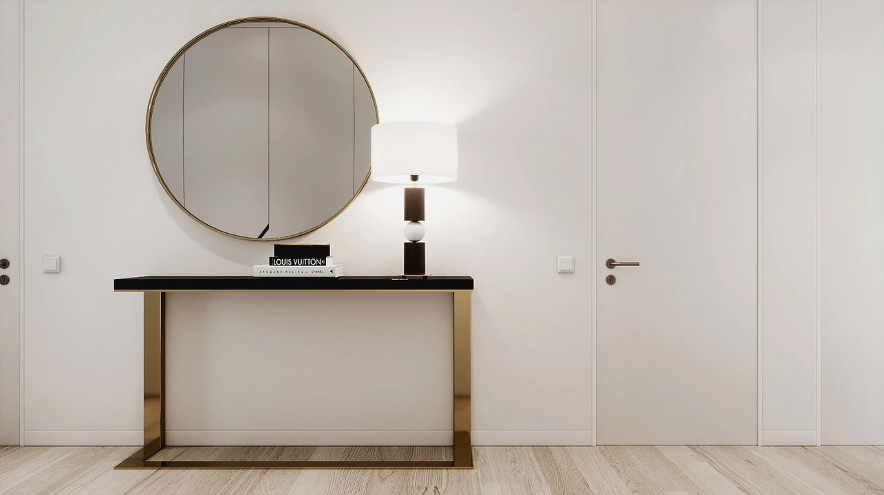 Porta branca minimalista com acabamento fosco a face da parede