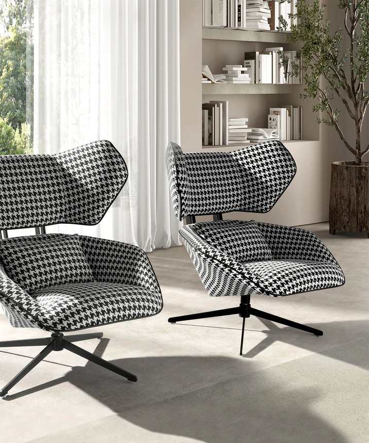 Poltrona moderna com estrutura metálica e estofado sofisticado, perfeita para ambientes arrojados