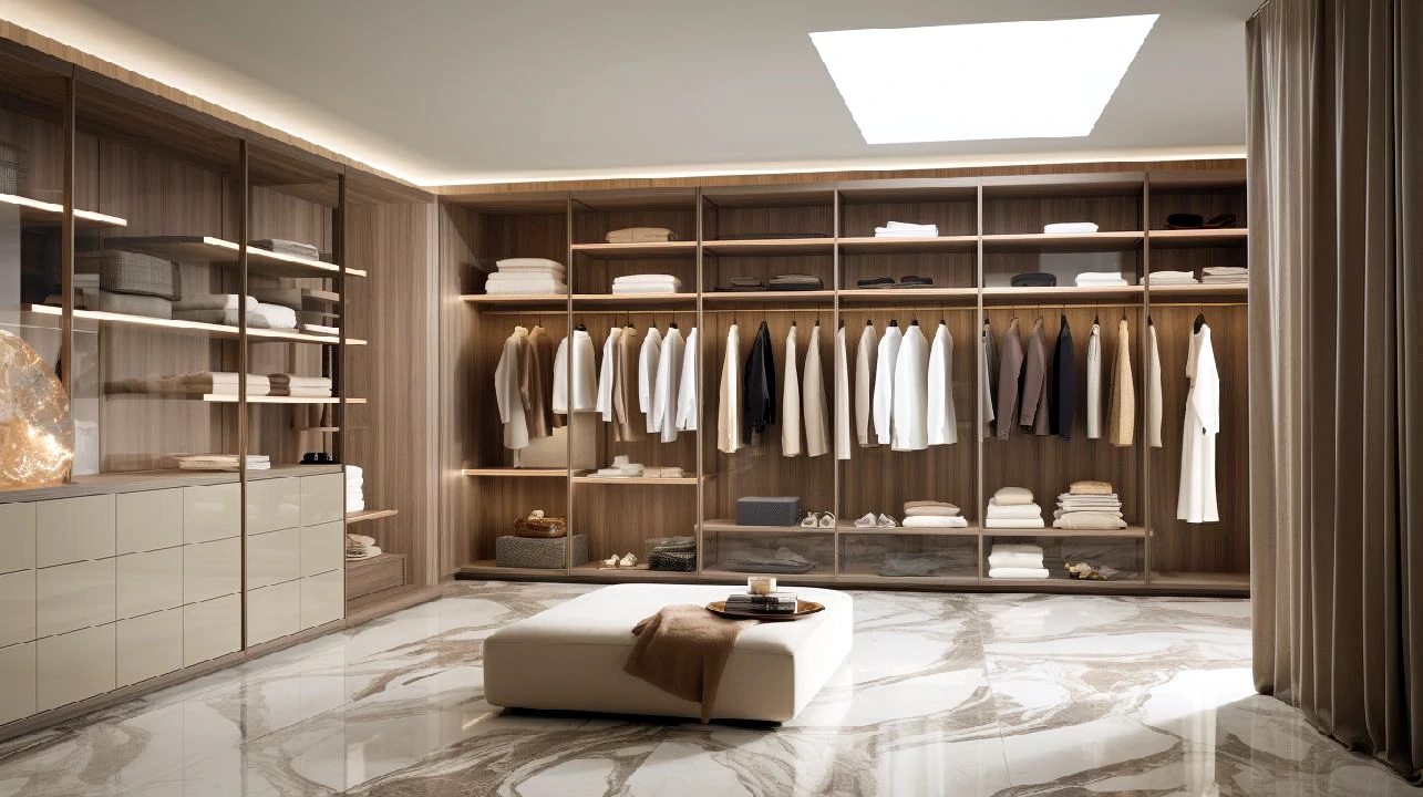 Roupeiro por medida aberto, com divisórias inteligentes, integrando-se ao ambiente com elegância