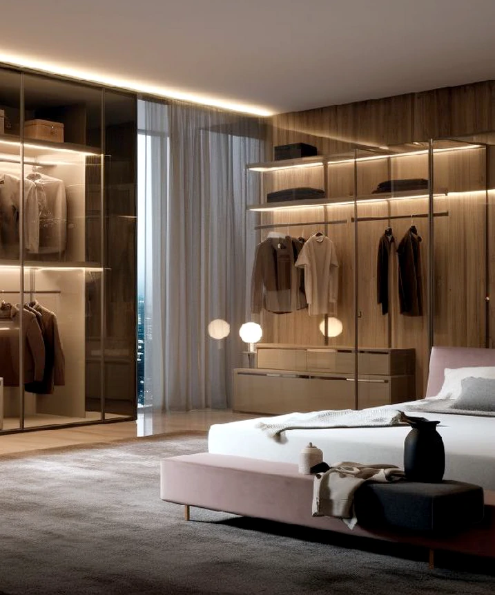 Closet aberto com estrutura funcional, valorizando a decoração e a funcionalidade no espaço do quarto