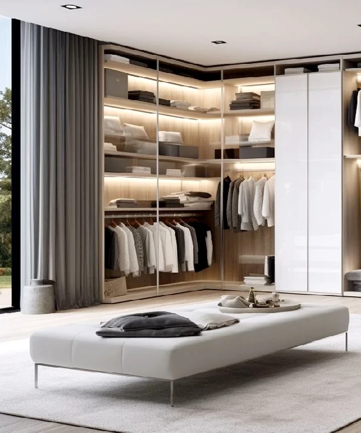 Design moderno em closet aberto, oferecendo fácil acesso e integração suave com o ambiente do quarto.