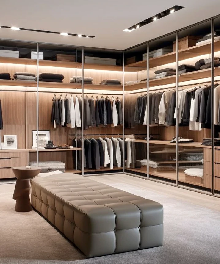 Closet aberto de design minimalista, oferecendo charme e funcionalidade em quartos sofisticados