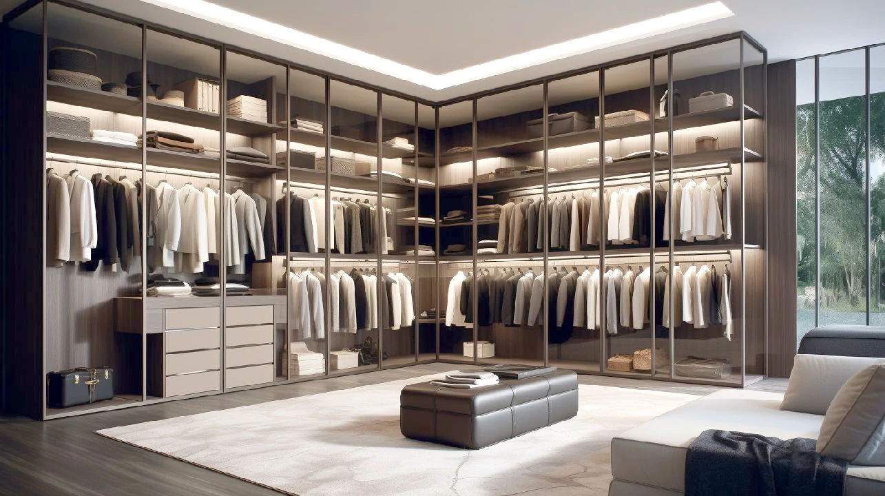 Projeto de closet aberto, unindo estética e funcionalidade, perfeito para otimizar o espaço no quarto.