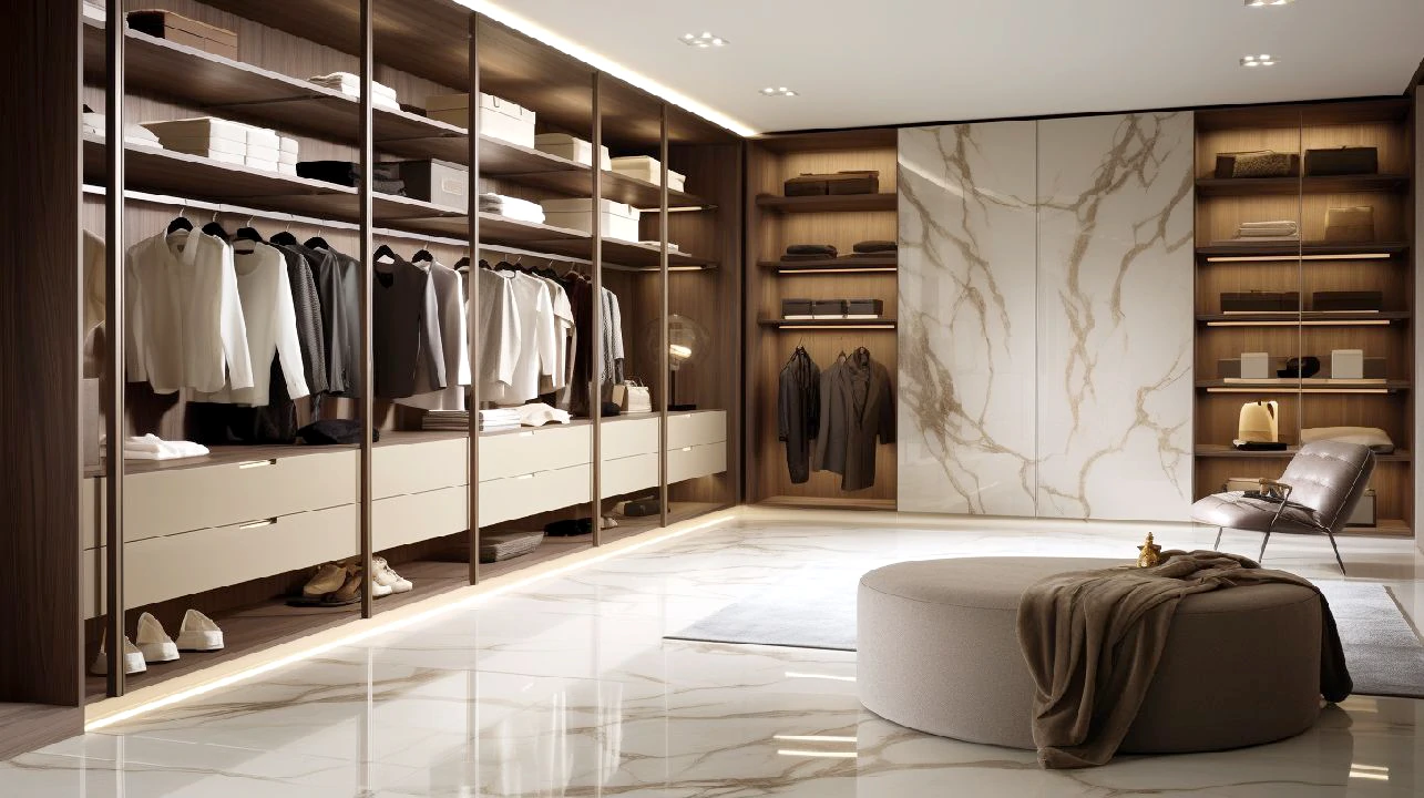 Charmoso closet aberto, proporcionando um visual clean e integrado no quarto moderno
