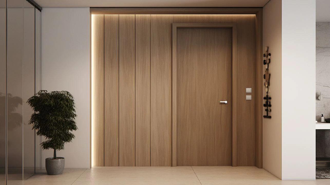 Porta de madeira com detalhe em folhas, destacando texturas e padrões naturais em um design elegante e rústico.