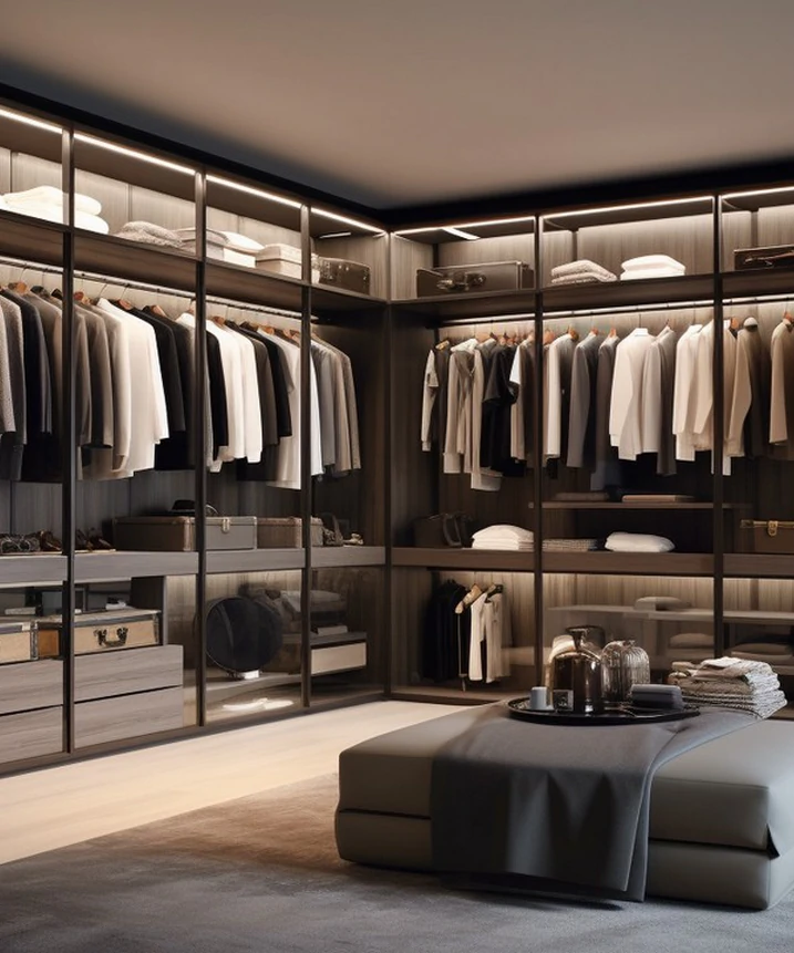 Design contemporâneo em closet aberto, perfeito para um ambiente funcional e sofisticado.