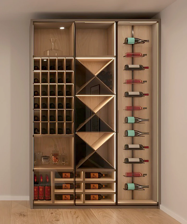 Design elegante de garrafeira moderna, perfeita para exibir sua coleção de vinhos com charme contemporâneo