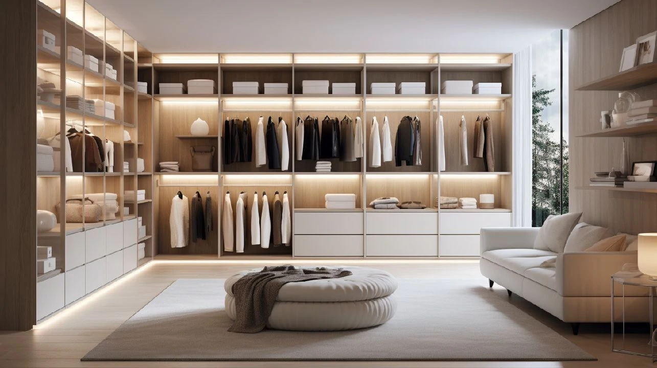 Closet moderno e aberto, destacando linhas minimalistas e disposição prática para um visual sofisticado.