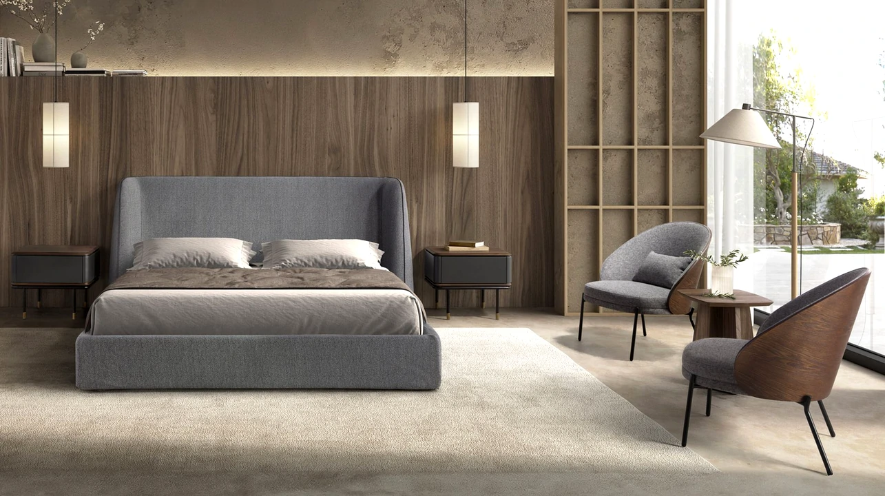 Cama moderna com duas mesas de cabeceira e cômoda combinando, em um design elegante e funcional.