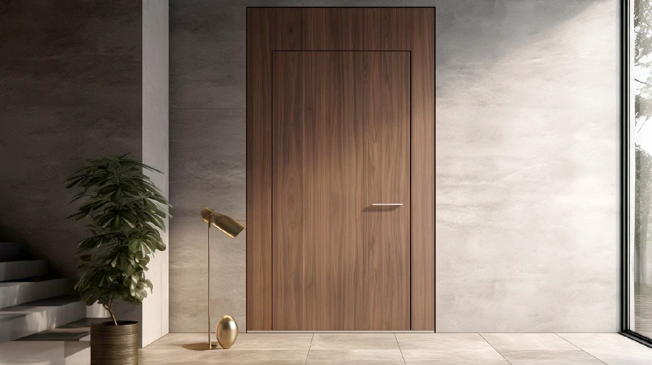 Porta de nogueira em ambiente sofisticado, com design de correr e padrão de espinhado.