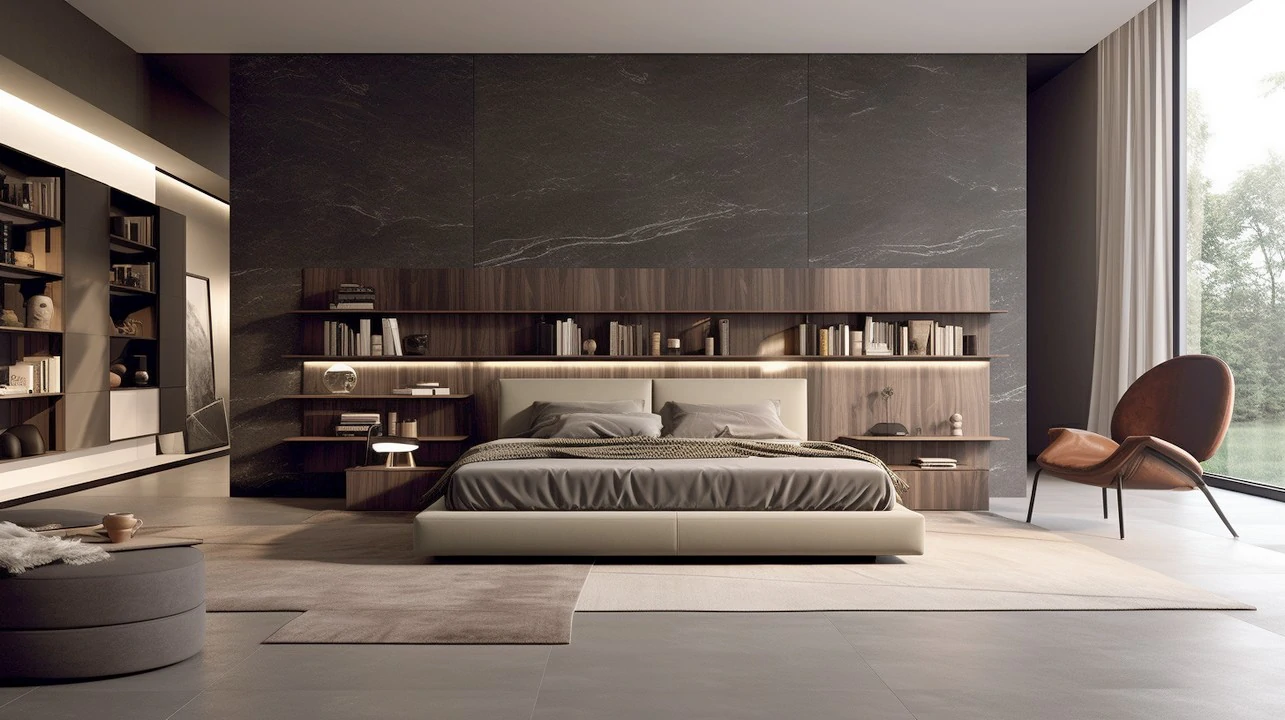Quarto de casal com cabeceira estante, design moderno e funcional
