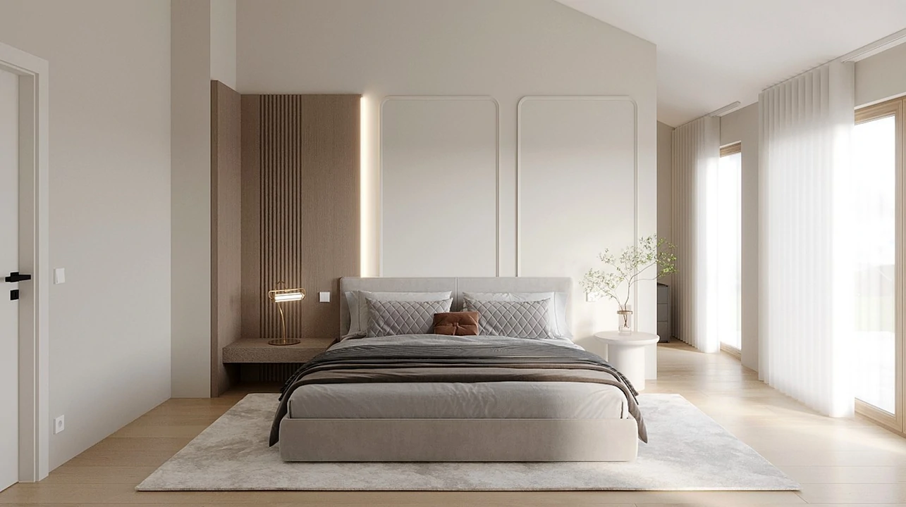 Quarto com cama estofada em tecido, conforto e elegância unidos