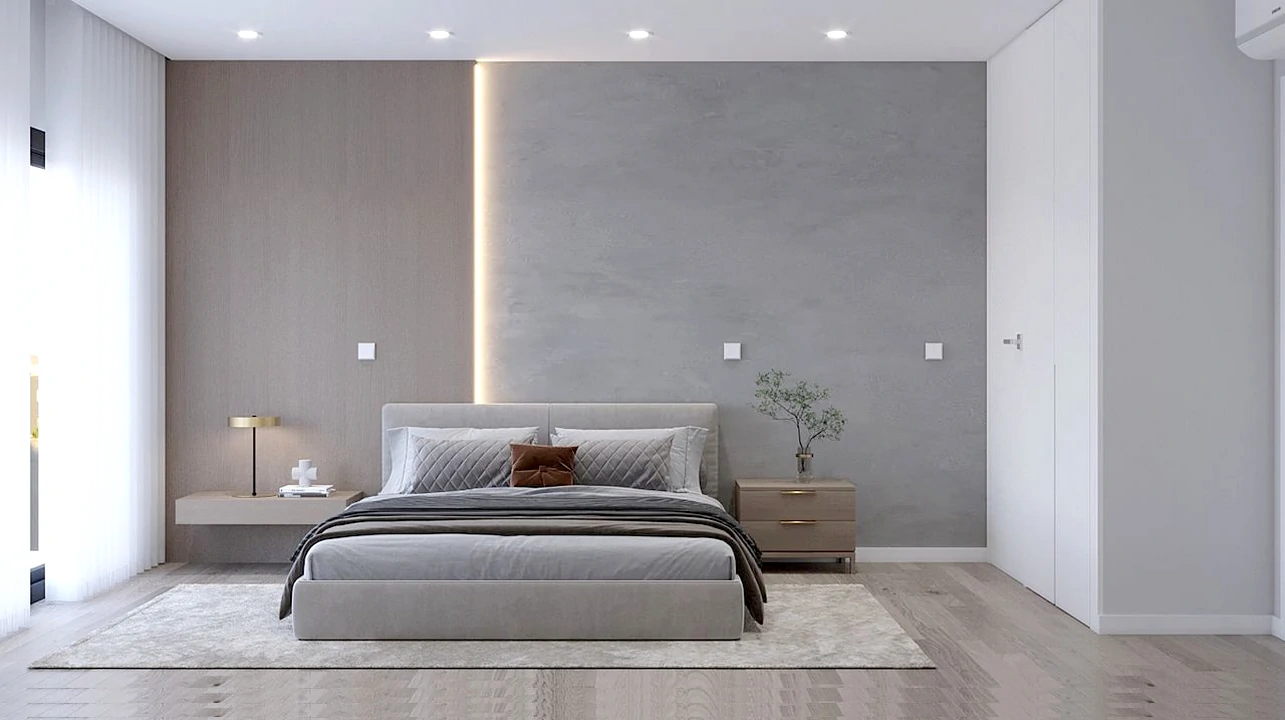 Quarto com cama de tecido, design moderno e aconchegante