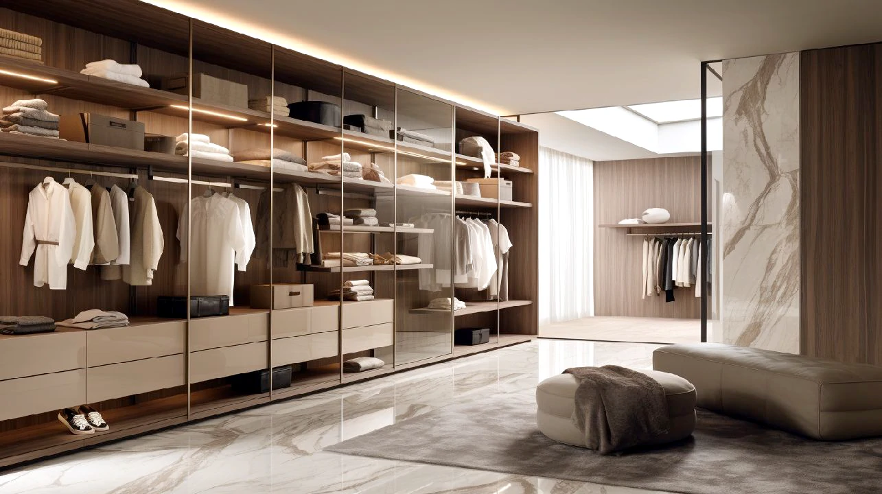 Closet aberto no quarto, design moderno e organização à vista