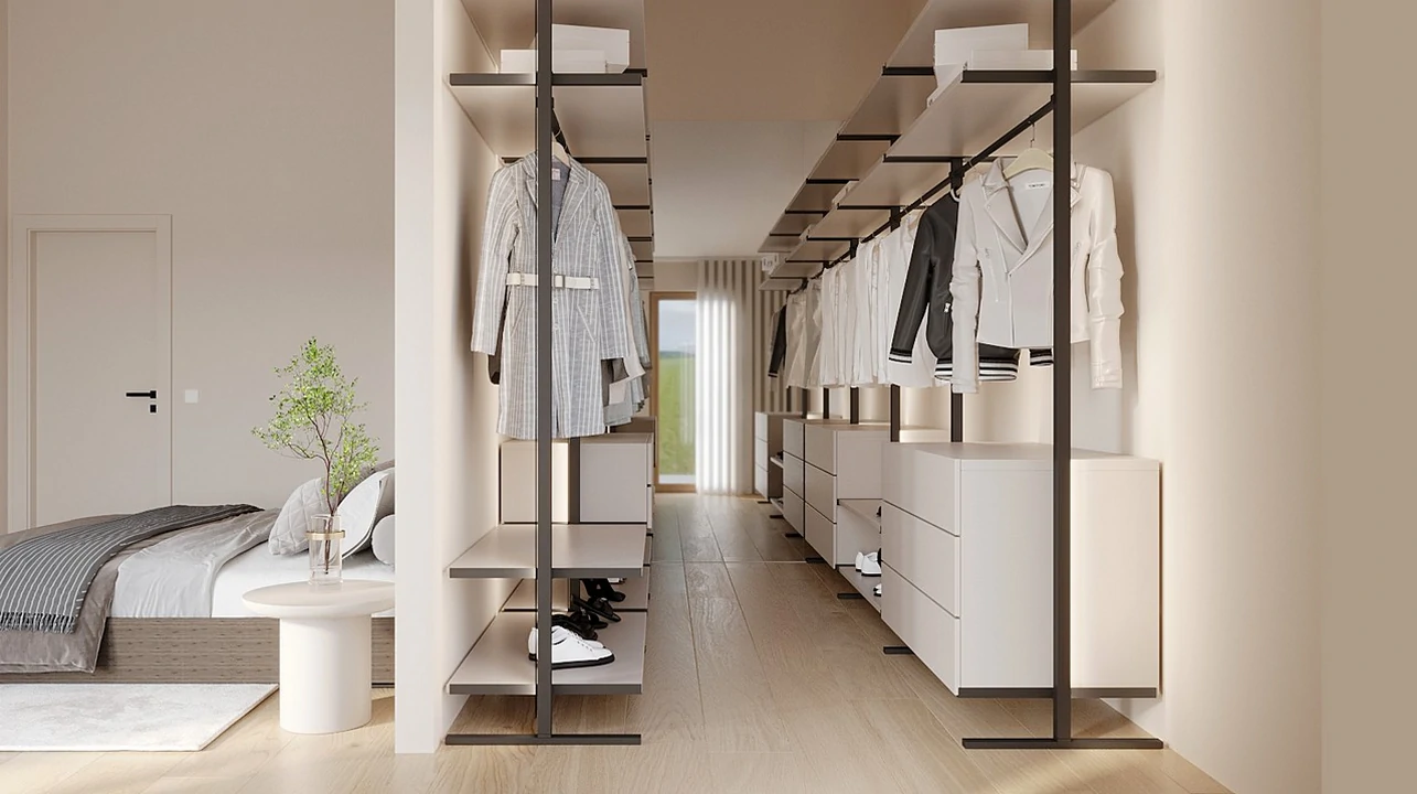 Design de closet aberto, destaque no quarto, funcional e moderno