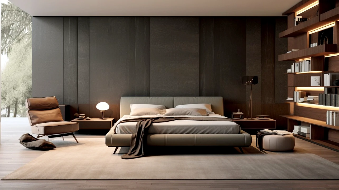 Conjunto quarto com cama, mesas de cabeceira e toucador, móveis modernos.