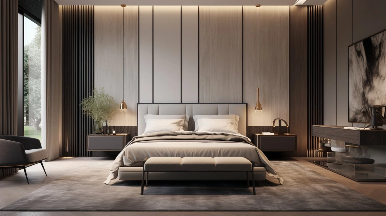 Quarto de design inovador cama com estante embutida na parede lateral