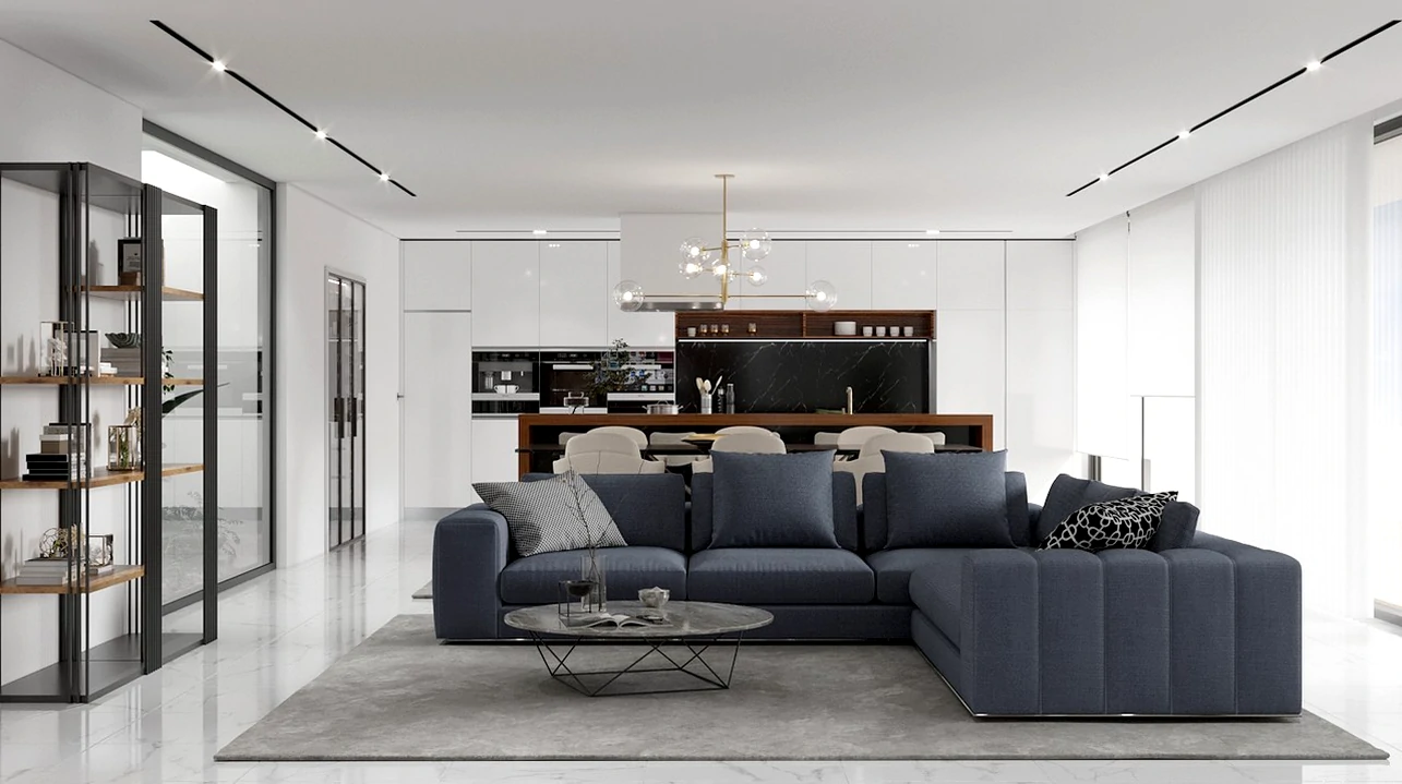 Cozinha e sala integradas, conceito open space, design contemporâneo
