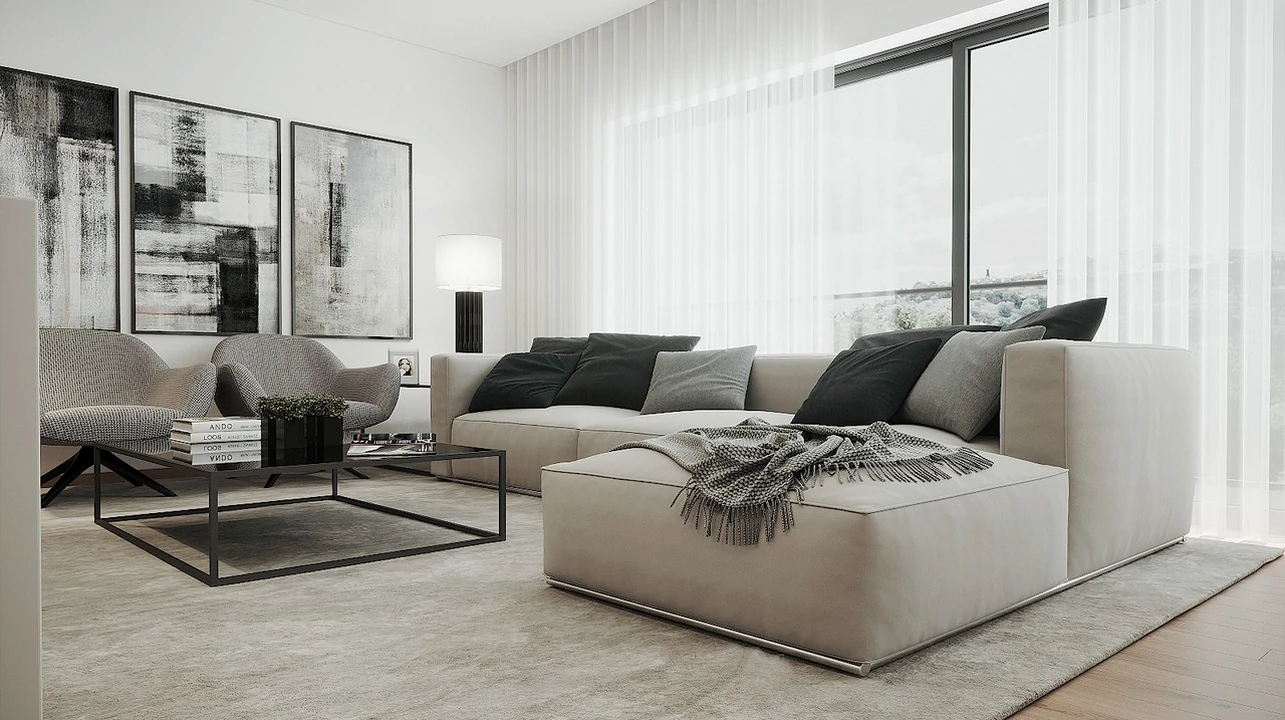 Sala com sofá e estante, combinação perfeita de conforto e estilo.