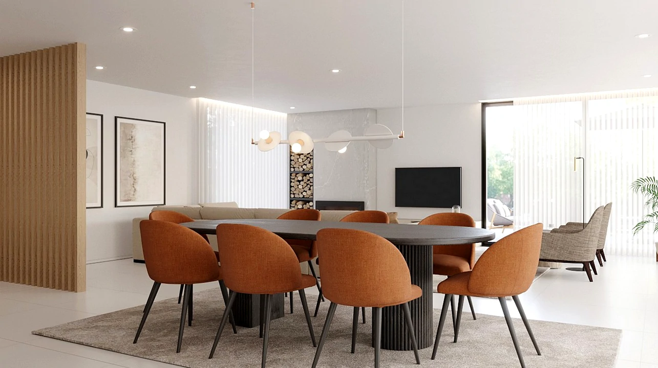 Decoração moderna, sala de jantar com cadeiras em tecido e com personalidade.