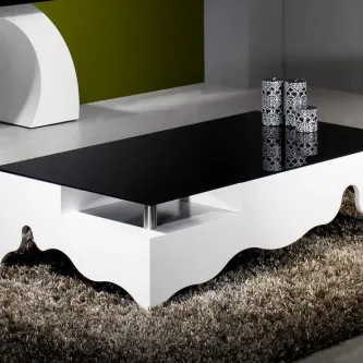 Mesa de centro Milano branca com tampo preto brilhante e base ondulada