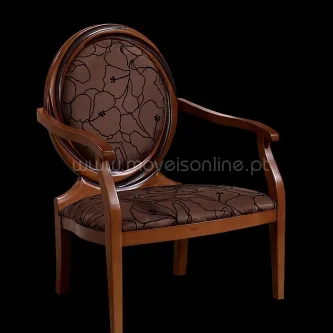 Cadeirão oval em madeira com estofado castanho com padrão floral