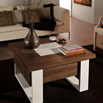 Mesa de centro fixa quadrada em madeira com base branca, vaso e revistas