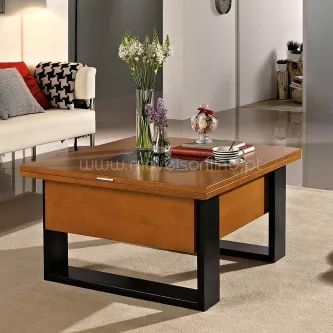 Mesa de centro multifuncoes quadrada em madeira com estrutura preta e arranjos decorativos