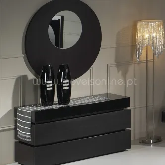 Cómoda com espelho N1, gavetas pretas, espelho redondo e dois vasos decorativos