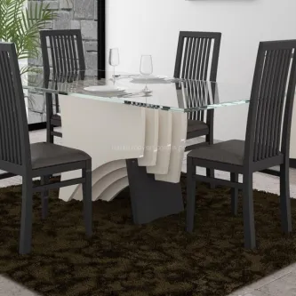 Mesa jantar tribal com tampo de vidro retangular e base escultórica branca