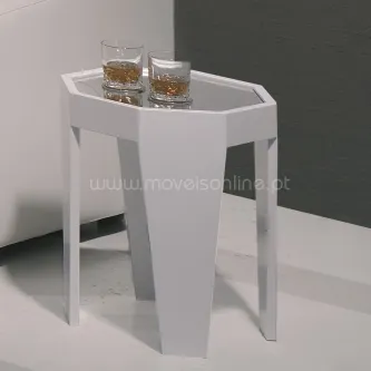 Mesa de apoio Eleven branca com tampo espelhado e dois copos