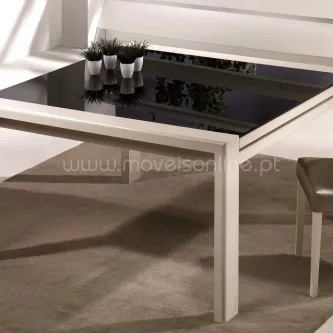 Mesa de jantar Carrara com tampo de vidro preto e estrutura branca, plantas em cima