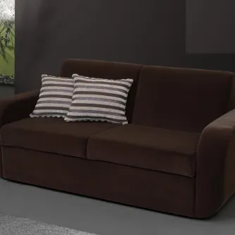 Sofá cama Noa castanho com duas almofadas às riscas