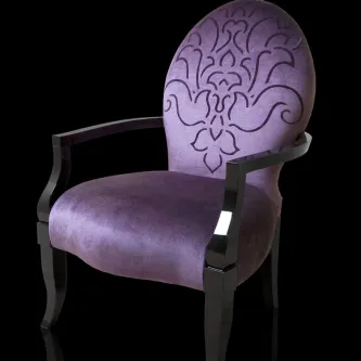 Cadeirão Louvre roxo com padrão ornamentado no encosto e estrutura de madeira preta