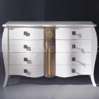 Cômoda branca de linhas curvas com seis gavetas e peça central dourada