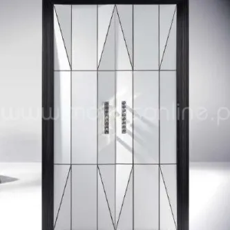 Móvel bar espelhado com padrão geométrico e moldura preta, puxadores decorativos