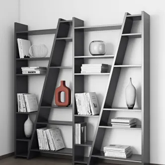 Estante Delta 4 com três módulos inclinados, livros e objectos decorativos