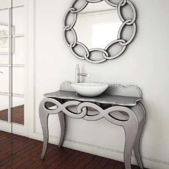 Móvel casa de banho Pavonis com tampo escuro, lavatório redondo e espelho circular decorativo