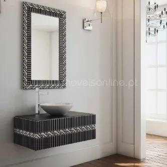 Móvel casa de banho Tempo suspenso preto com lavatório de apoio e espelho decorado