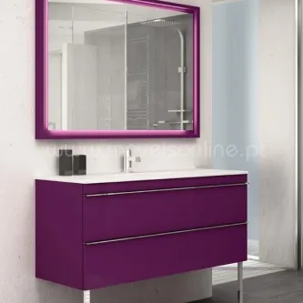 Móvel de casa de banho Aries 2 roxo com espelho rectangular e bancada branca