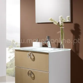 Móvel de casa de banho Leder 4 branco e dourado com lavatório, torneira e espelho