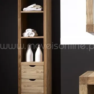 Armário de casa de banho nórdico alto em madeira com prateleiras e gavetas