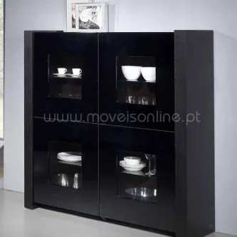 Vitrine Phenix preta com quatro portas de vidro e prateleiras interiores