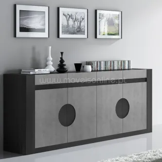 Aparador Monaco II preto com frentes cinzentas e painéis circulares, objetos decorativos em cima