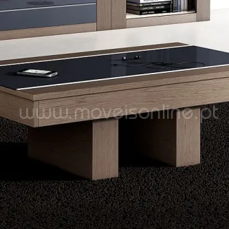 Mesa de centro Lyon em madeira clara com tampo preto de vidro e pés maciços