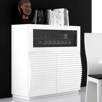 Movel bar ellipse branco com vitrina de vidro, copos no interior e portas ripadas