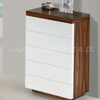 Camiseiro Micaia com cinco gavetas brancas e laterais em nogueira.