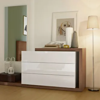 Cómoda Michael branca de três gavetas com moldura castanha e espelho apoiado