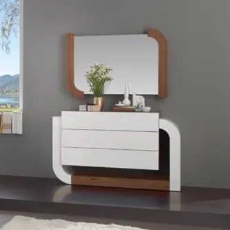 Comoda Gabrielle branca e castanha com três gavetas e espelho arredondado